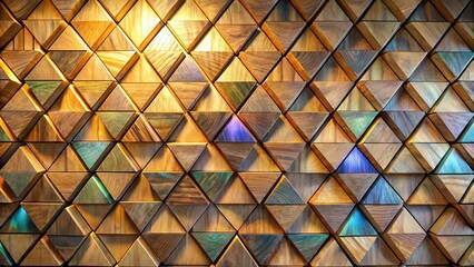 Fototapete - Geometric Wood Wall Paneling with Triangular Shapes and a Warm Golden Glow