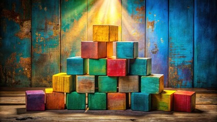 Aufkleber - A pyramid of colorful wooden blocks arranged on a rustic wood surface with a soft light shining down from above