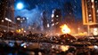 © Mickey - Rainy Night Cityscape Urban Destruction - Eerie urban dystopia, rain-soaked streets, burning buildings, debris, destruction, post-apocalyptic.