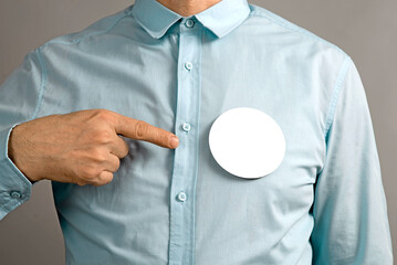 round badge sticky label mockup template. pin button on chest. white tags, paper round stickers, iso