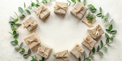 Poster - A circle of rustic gifts tied with twine surrounded by sprigs of greenery on a white background