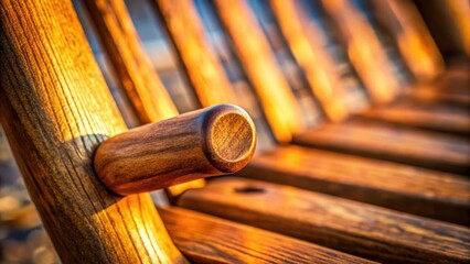 Aufkleber - The warm, golden glow of the setting sun bathes the wooden slats of this rustic bench, highlighting the intricate grain patterns and the smooth, rounded armrest.