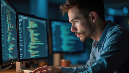 Dedicated programmer works late coding on dual monitors.