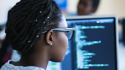 Woman wearing glasses is looking at a computer screen