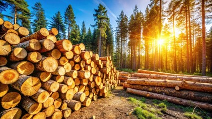 Poster - A sun-drenched forest clearing with a pile of freshly cut logs, showcasing the beauty and resourcefulness of nature