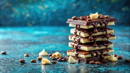 Poster - A Stack of Drizzled Chocolate Squares with Coffee Beans and White Chocolate Pieces on a Blue Background