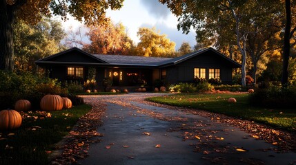 Canvas Print - Autumnal scene of a dark house with pumpkins on the driveway.