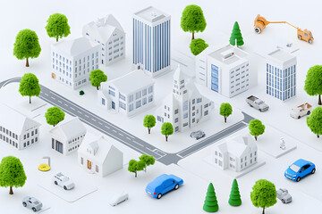 Wall Mural - 3d render of white map scene with city roads buildings top view isometric perspective	