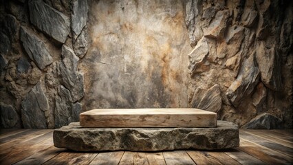Poster - Rustic Wooden Plank Display Against A Natural Stone Wall
