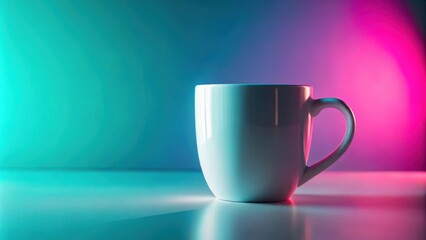 Canvas Print - A white mug with a handle set on a surface illuminated by a teal and magenta light gradient.