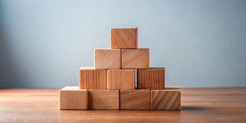 Aufkleber - A pyramid of nine wooden blocks, arranged in a triangular formation, sits on a wooden surface against a pale blue backdrop.