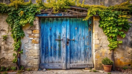 Poster - Weathered Blue Wooden Doors Framed by Lush Greenery on a Stone Wall