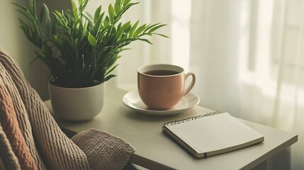 Sticker - A calm home office space with a comfortable chair, a small indoor plant, a notebook, and a cup of tea placed on the desk, ideal for focusing on personal development and relaxation 