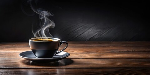 Canvas Print - A steaming cup of coffee sits on a rustic wooden table, inviting a moment of relaxation and reflection.