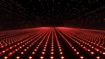 Wall Mural - a digital landscape with red dots creating a perspective illusion in a dark space.