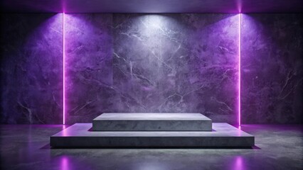 Poster - Concrete Platform Illuminated by Vivid Purple Neon Lights in a Minimalist Studio Setting