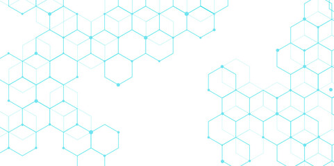 Leinwandbilder - Molecular structure abstract tech background. Geometric blue background. Vector banner design with hexagons. Science network pattern, connecting lines and dots Medical background, Vector illustration	