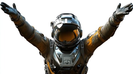 Wall Mural - a space explorer in a futuristic suit, arms raised in celebration or triumph.