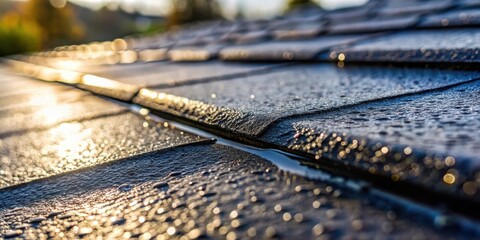 Poster - Close-up of water droplets glistening on a dark, textured surface, with sunlight reflecting off the wet material, creating a captivating interplay of light and shadow.