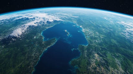 Wall Mural - Ultra detailed, photorealistic view of Earth from space at sunset