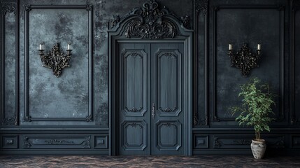 Dark Room Interior With Ornate Door And Wall Paneling