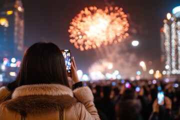 Wall Mural - A moment captured by a spectator's mobile phone as breathtaking fireworks explode in the night sky, showcasing the excitement and wonder of communal celebrations.