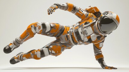 Wall Mural - a futuristic astronaut in an orange and white space suit, floating in a zero-gravity pose.