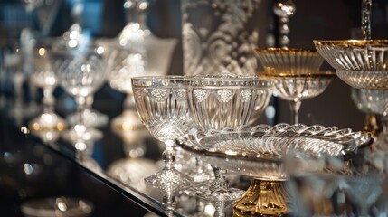 Elegant crystal glassware with intricate patterns on display