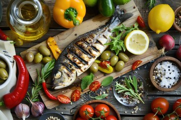 Poster - A creative display of a Mediterranean diet lunch. featuring grilled fish, olives, vegetables, and whole grains. showcasing the heart-healthy benefits of Mediterranean cuisine. Ideal for lunch recipes