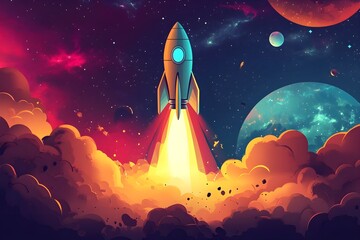 Wall Mural - explore the wonders of space with a detailed illustration of a rocket and celestial bodies, perfect 