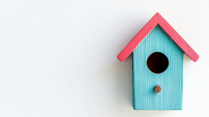 Bird house concept. A quaint, colorful birdhouse with a blue body and red roof, designed to attract feathered visitors.