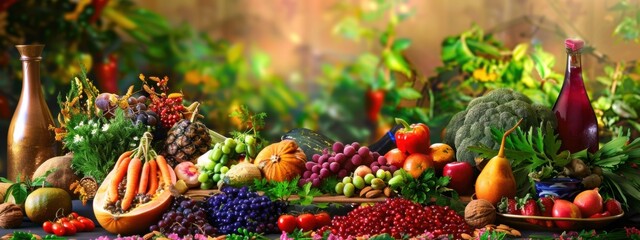 Wall Mural - A creative raw food diet display. featuring a variety of fresh fruits, vegetables, and nuts. highlighting the benefits of unprocessed, raw foods. ideal for health retreats and nutrition workshops