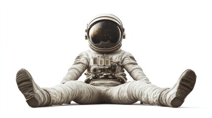 Wall Mural - an astronaut in a spacesuit sitting with legs extended, against a white background.