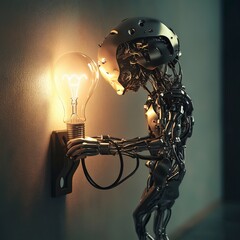 Poster - Illuminating concepts surreal interaction with a humanoid lightbulb in a futuristic digital art setting