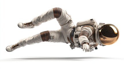 Wall Mural - a floating astronaut in a space suit with a reflective helmet against a white background.