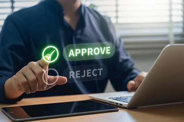 Fototapete - Businessman Making Digital Approve Interface in Modern Workspace, Highlighting Workflow Optimization, Decision Validation, and Efficient Corporate Process Control.