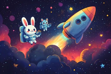 Wall Mural - explore the wonders of space with a detailed illustration of a rocket and celestial bodies, perfect 