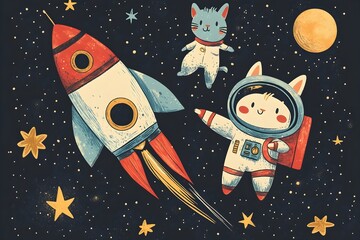 Wall Mural - explore the wonders of space with a detailed illustration of a rocket and celestial bodies, perfect 