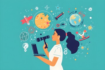 Wall Mural - explore the wonders of space with a detailed illustration of a rocket and celestial bodies, perfect 