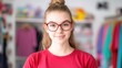 © Duskcraft - Smiling Teenage Girl with Glasses in Casual Wear Against Colorful Background