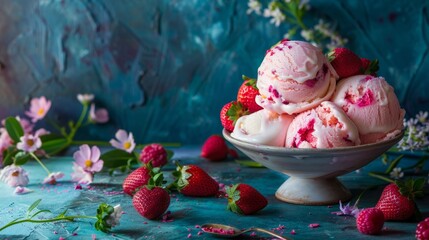 Wall Mural - Strawberry ice cream in a bowl with fresh strawberries and flowers