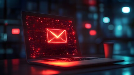 Cyber Glow: A digital message appears on a laptop screen, illuminated in vibrant red, against a blurred city backdrop.