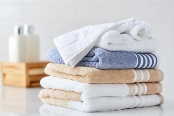 Neatly arranged stack of hand towels in soothing neutral tones, inviting and soft to the touch. A clean white background enhances the fresh and tidy appearance, perfect for a cozy bathroom or spa sett