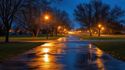 Wall Mural - A tranquil park pathway illuminated by streetlights, reflecting on a wet surface at dusk.