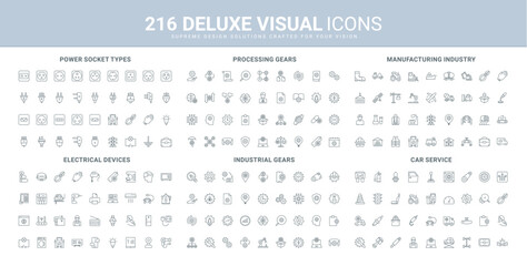 Wall Mural - Manufacturing and car service, industry, plug and socket types, gears for industrial and business process line icon set. Garage for equipment repair thin black outline symbols vector illustration