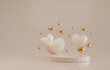 © G_stockerthailand - studio scene settup of beige or white pedestal with beige and gold hearts floating, valentine concept, 3d rendering
