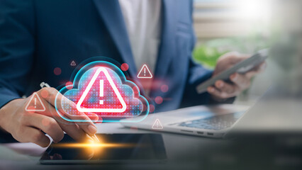 Leinwandbilder - Businessman Managing Cloud Data Security Alert with Advanced Technology, Highlighting Cyber Threats, Warning Systems, and Safe Backup Solutions for Reliable IT Infrastructure and Online Data Safety