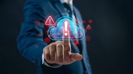 Leinwandbilder - Cloud Data Security Alert, Business Professional Interacting with Cloud Data Security Warning Interface, Critical Alerts, Cyber Risk Management, and Innovative Solutions for Safe Digital Operations