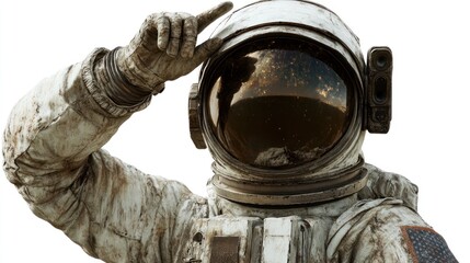 Wall Mural - an astronaut in a weathered suit salutes against a cosmic backdrop.