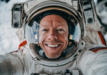 Wall Mural - astronaut taking a selfie in space, showcasing the helmet and a joyful expression.